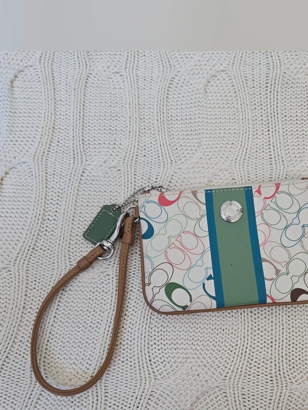 Coach Chelsea Heritage Stripe Cream Multicolor Logo Wristlet Green & Blue Stripe